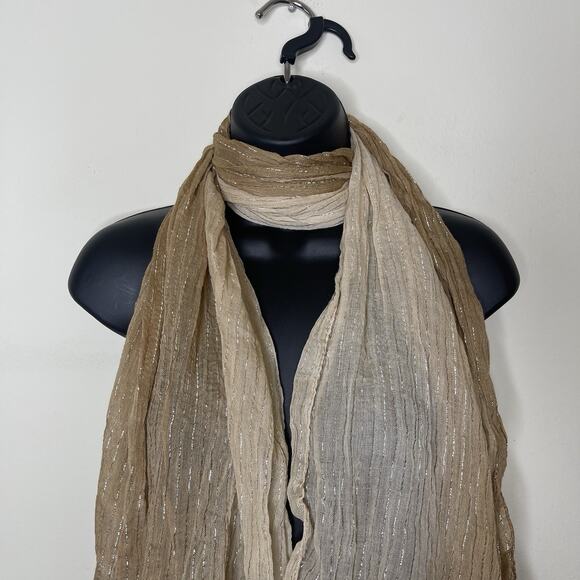 Vtg Women Tan Gold Colorful Metallic Sparkle Scarf Fringe Y2K Boho Chic‎ Fairy - Picture 2 of 4